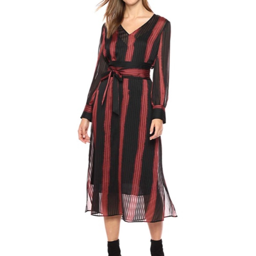 BCBGMaxAzria Black and Brick Red/Dark Maroon Striped V-Neck Midi Dress